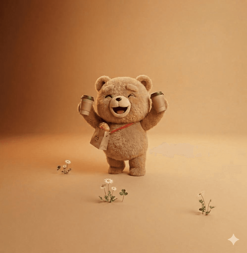 A happy teddy bear holding two coffees and a pastry bag