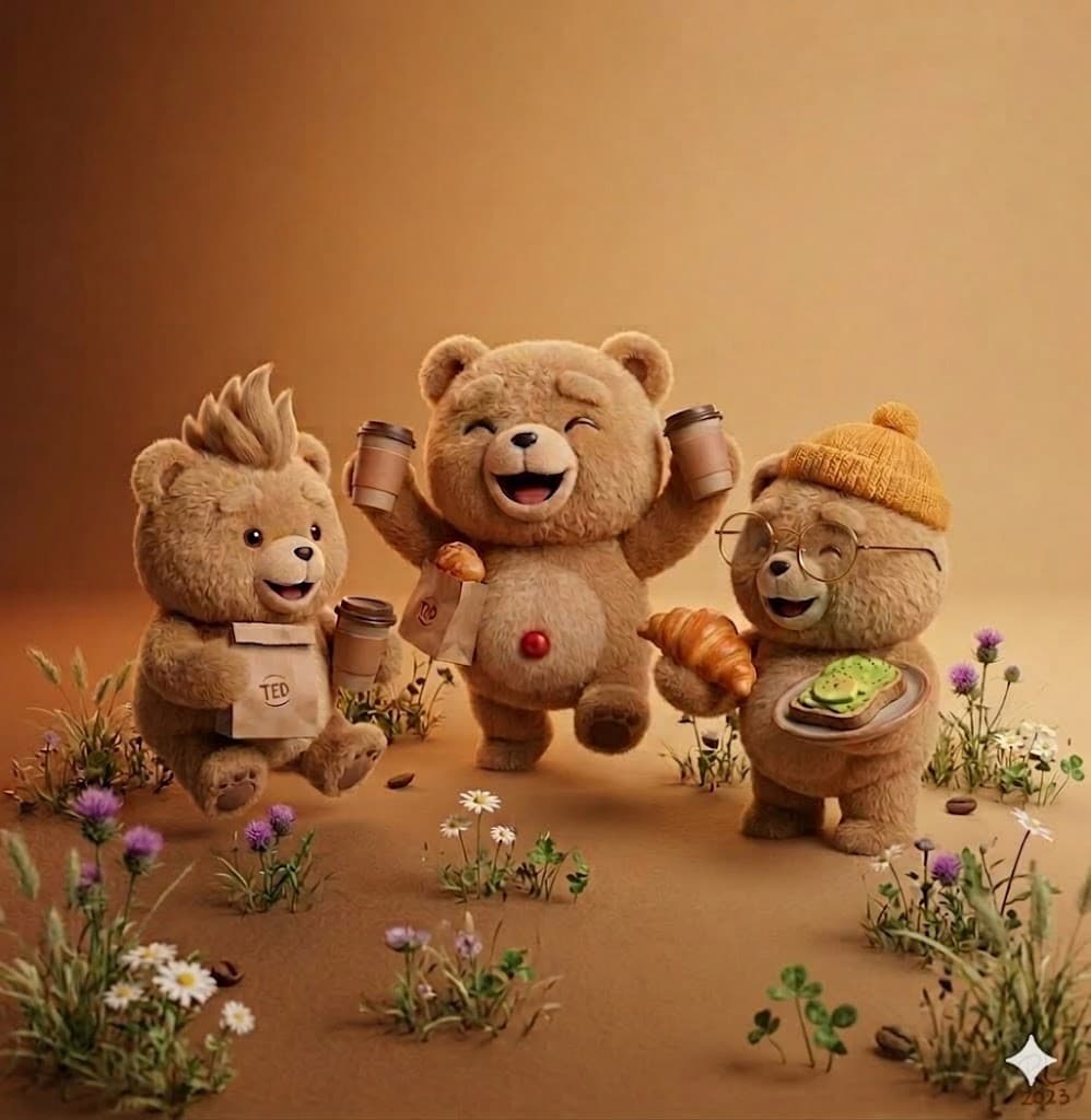 Three teddy bears celebrating with coffee, croissant, and avocado toast in a meadow